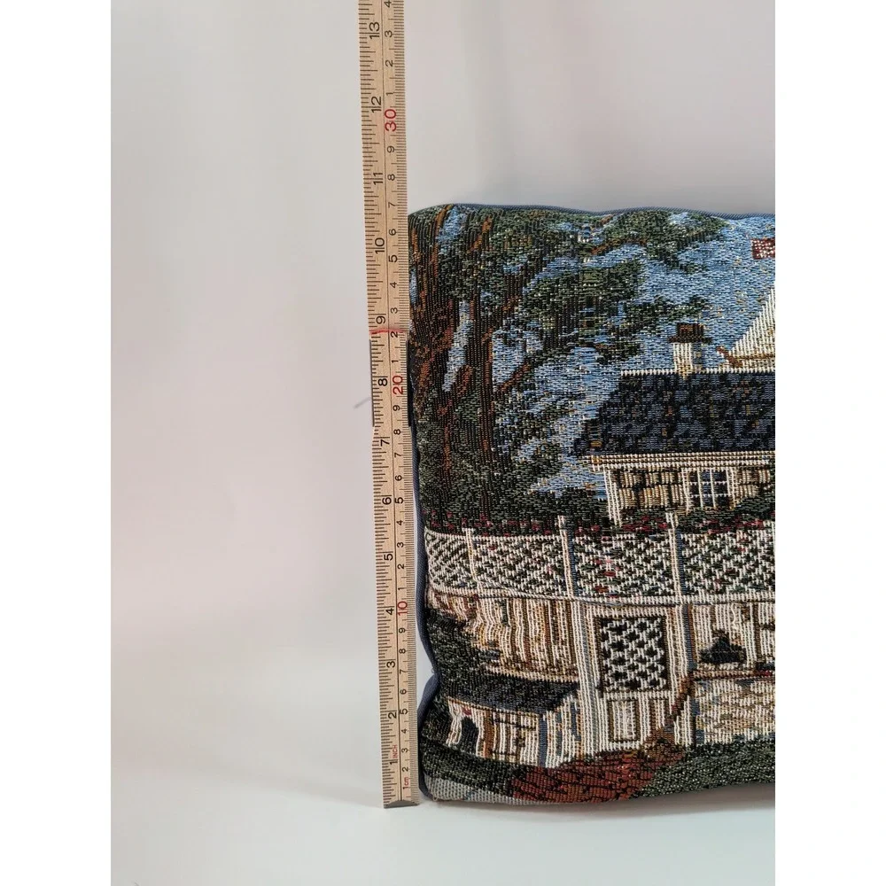 Vintage Coastal Cottage Woven Tapestry Throw Pillow Nautical Sailboat Navy 16x11